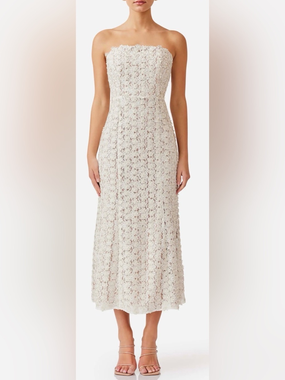 NEW ELLIATT Cali Strapless Lace Midi ivory gold Dress Sz XS